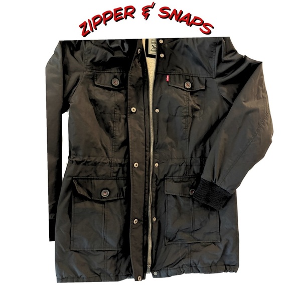 Levi’s Black Sherpa Lined Parka Women’s Size M Faux Fur Hood Mid-Thigh Jacket - Picture 3 of 8